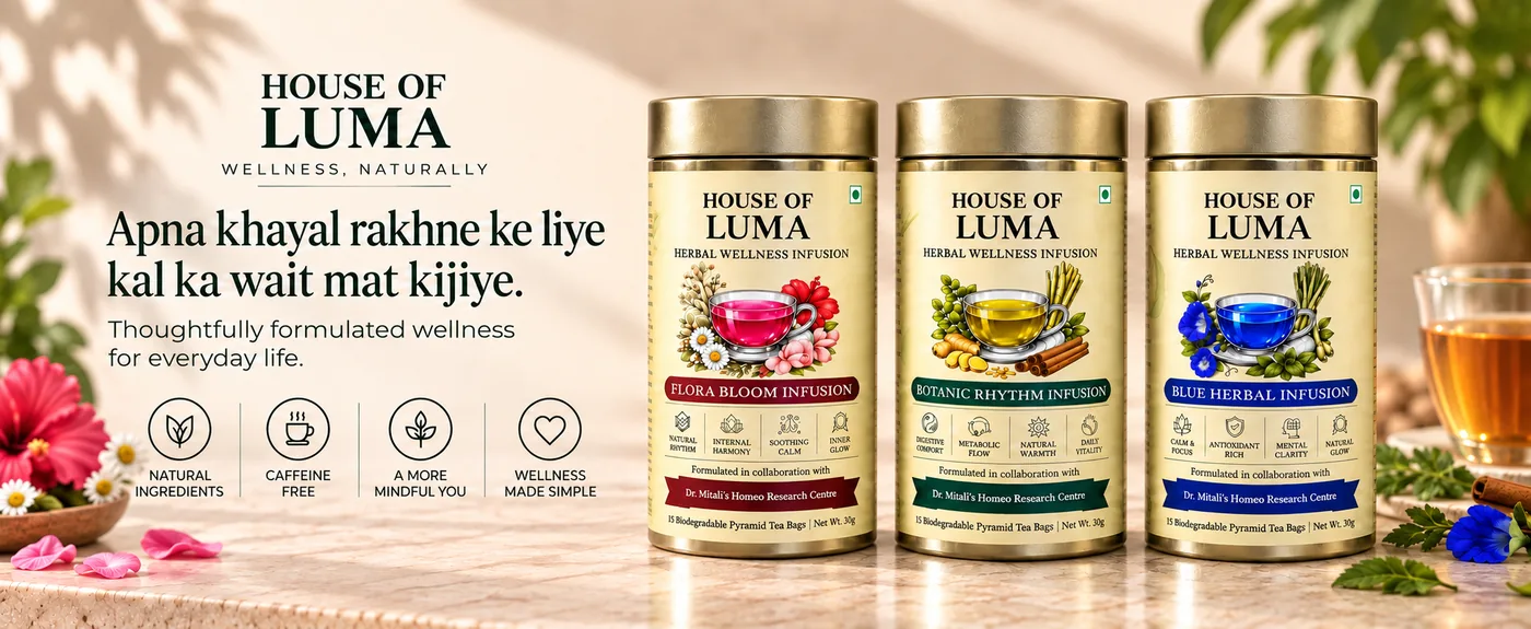 House of Luma Botanic Rhythm Infusion tin beside a cup of golden herbal tea, with Moringa, Lemongrass, Ginger and Cinnamon