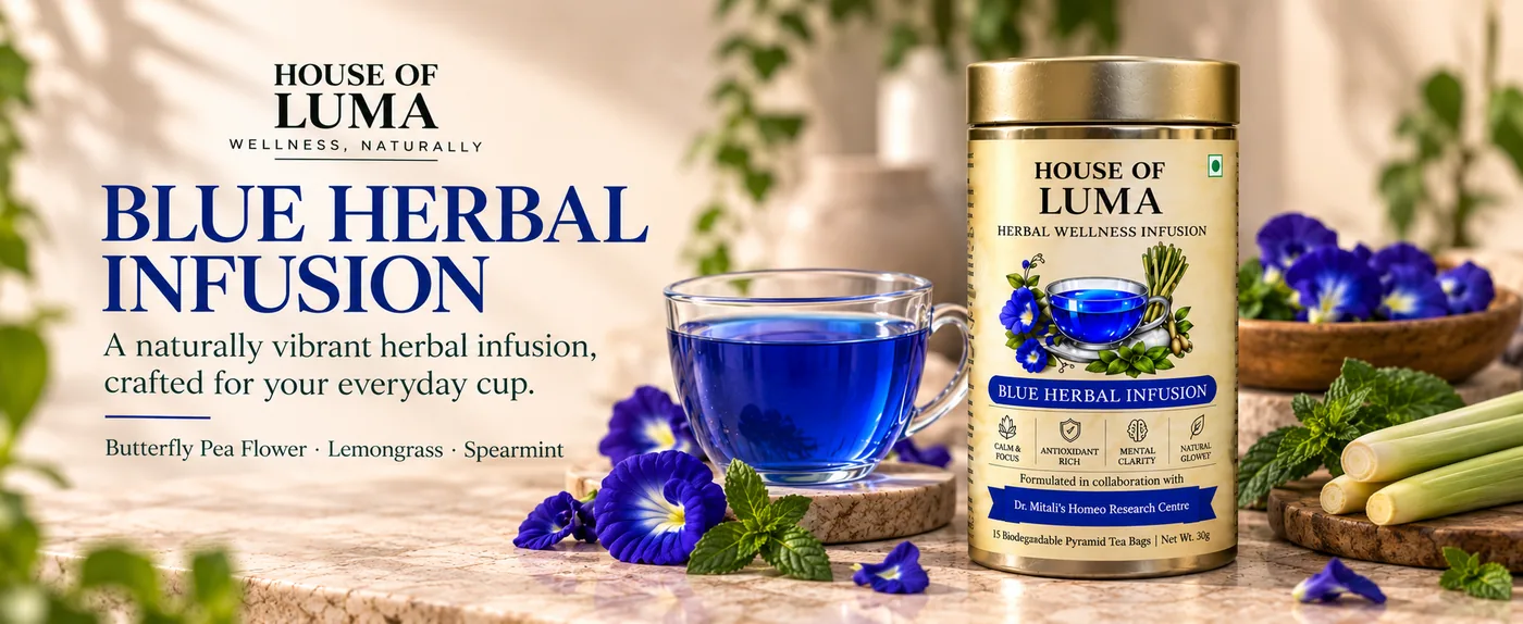 House of Luma's three herbal infusions — Flora Bloom, Botanic Rhythm and Blue Herbal — displayed together